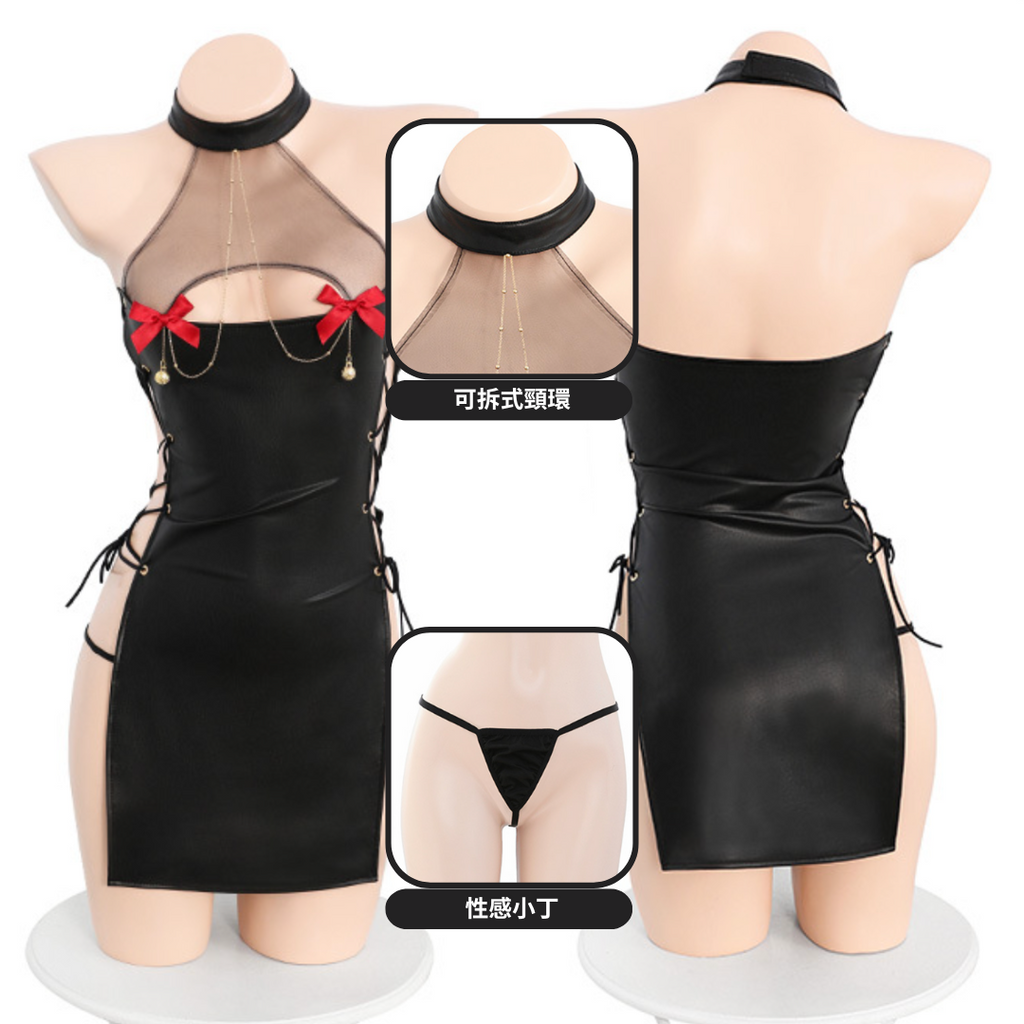 現貨 💖 慾之魅魔 漆皮小惡魔角色扮演 亮皮 連身裙 胸前薄紗透視 可愛蝴蝶結飾胸 萬聖節 情趣睡衣 | 可以色色