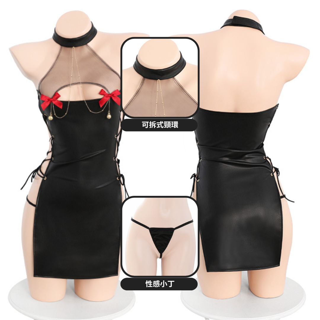 現貨 💖 慾之魅魔 漆皮小惡魔角色扮演 亮皮 連身裙 胸前薄紗透視 可愛蝴蝶結飾胸 萬聖節 情趣睡衣 | 可以色色