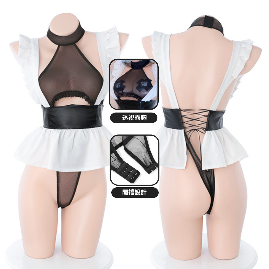 現貨 💖 圍裙高叉連體衣女僕裝 女僕髮箍 連體衣 胸部黑紗透視 開檔免脫 角色扮演 | 可以色色