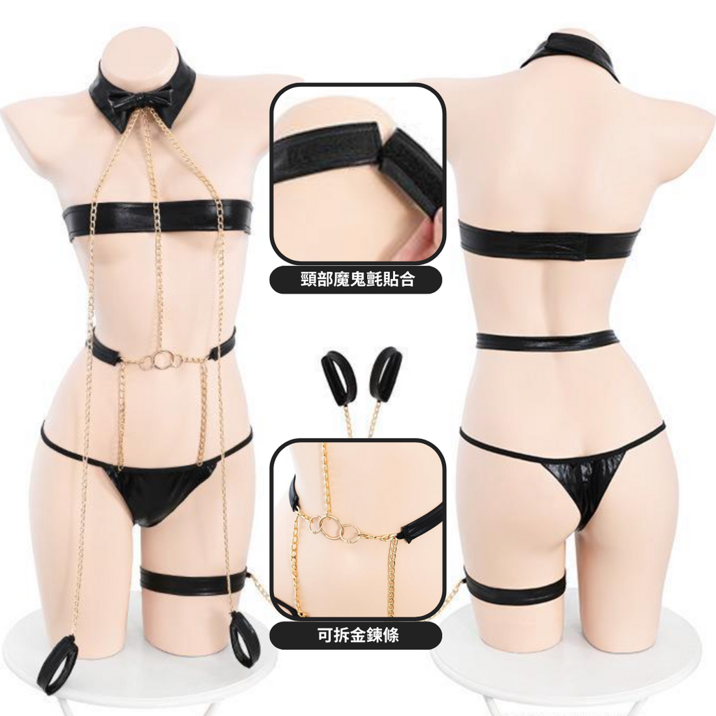 現貨 💖 亮皮情慾女僕裝 含鏈條牽引繩 主人奴隸 BDSM 捆綁 一字抹胸 情趣 角色扮演 | 可以色色