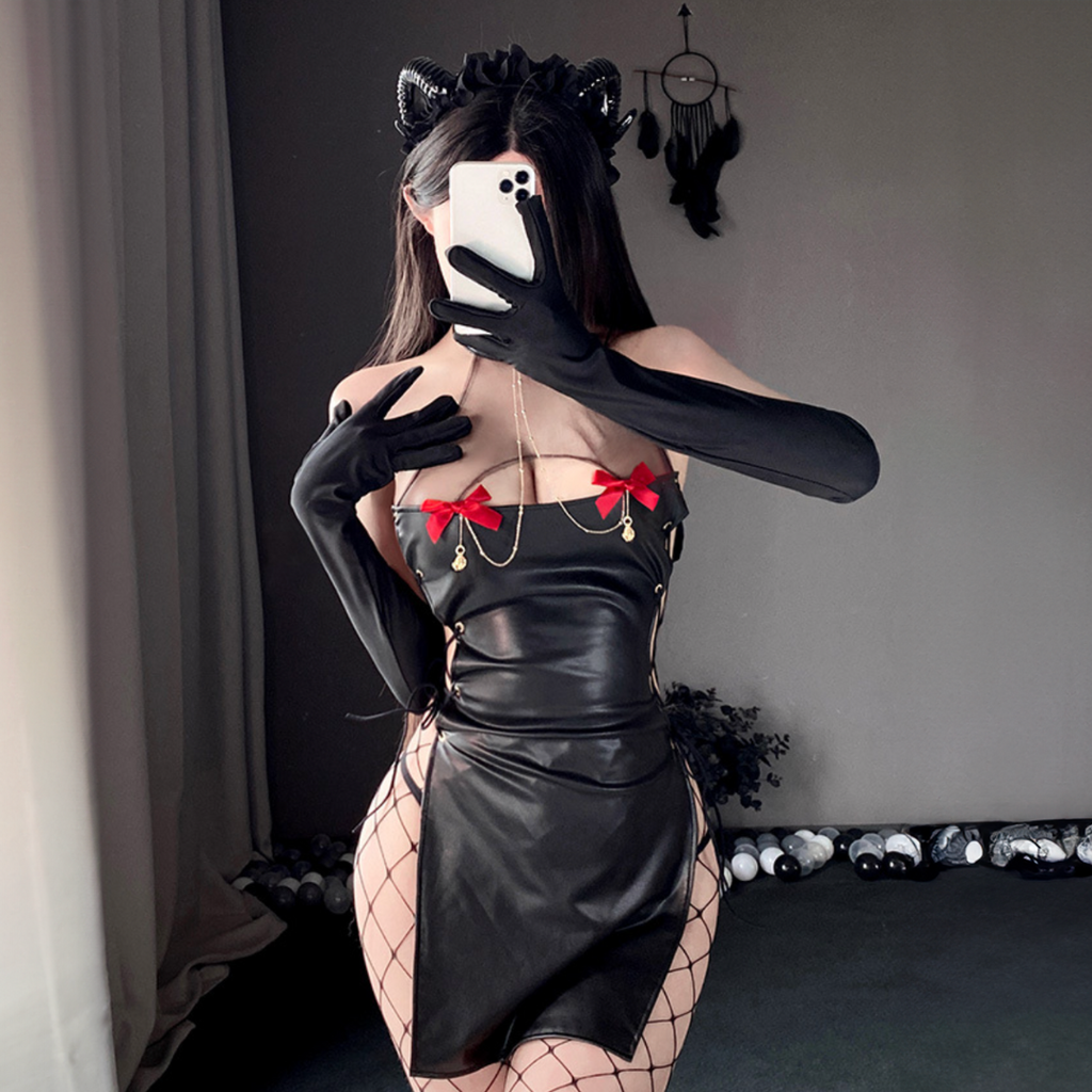 現貨 💖 慾之魅魔 漆皮小惡魔角色扮演 亮皮 連身裙 胸前薄紗透視 可愛蝴蝶結飾胸 萬聖節 情趣睡衣 | 可以色色