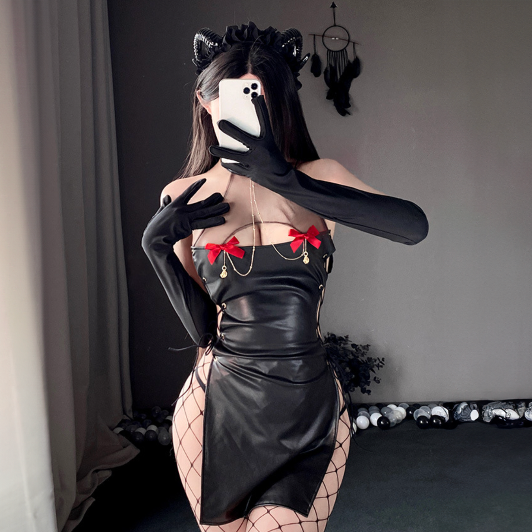 現貨 💖 慾之魅魔 漆皮小惡魔角色扮演 亮皮 連身裙 胸前薄紗透視 可愛蝴蝶結飾胸 萬聖節 情趣睡衣 | 可以色色