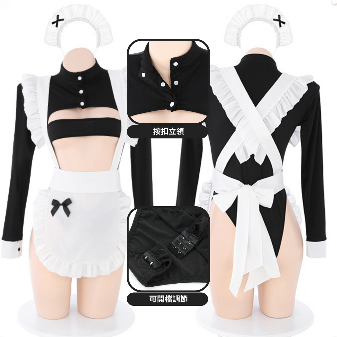 現貨 💖 情慾女僕裝 高彈力 連體衣 情趣內衣 開檔 免脫 圍裙可脫 一字抹胸 女僕髮箍 女僕服 角色扮演 | 可以色色