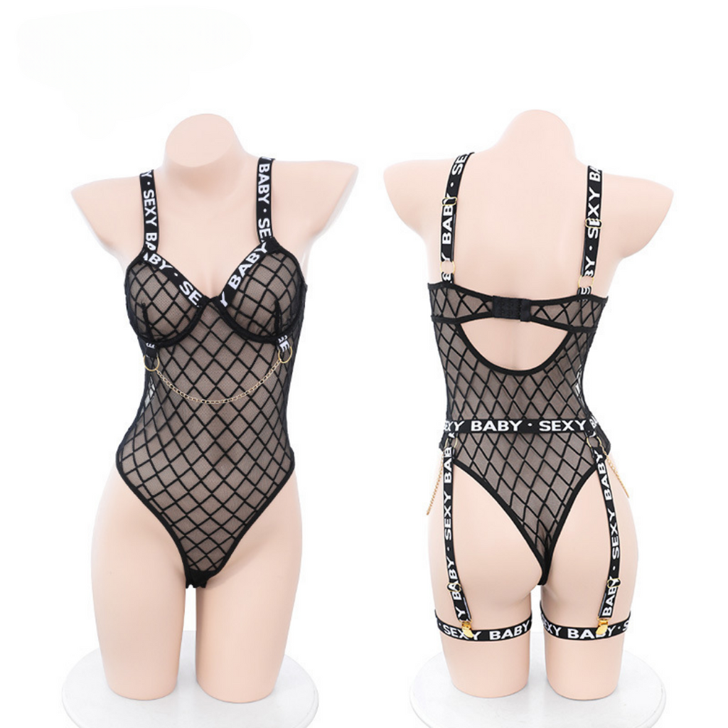 現貨 💖 SEXY文字 織帶 鋼圈 開襠 連體衣 情趣內衣 睡衣 性感 制服 純欲 | 可以色色