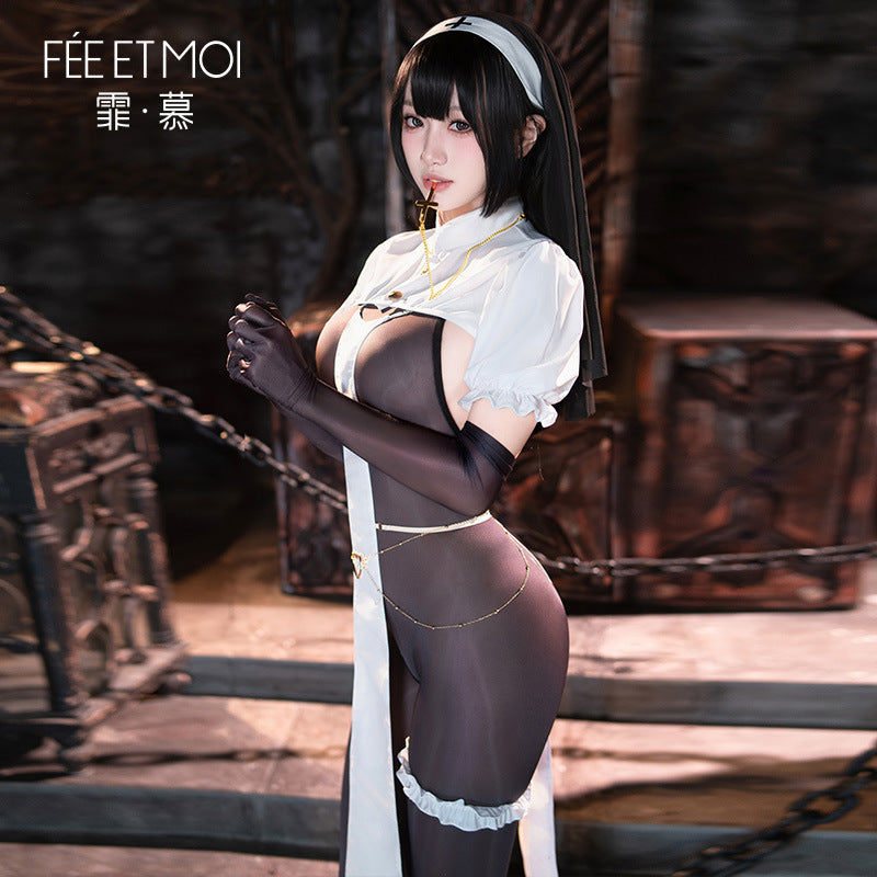 暗夜修女獵愛開襠套裝 情趣內衣性感透視露背連體衣