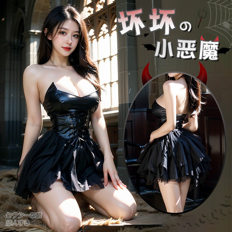 攝魂魅魔仿皮抹胸連衣裙 情趣內衣性感深v露溝小t褲