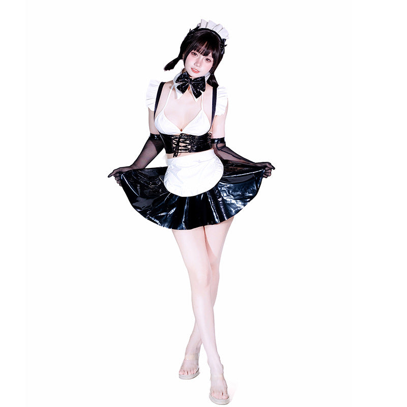 現貨 💖 皮革女僕情趣內衣 性感 二次元 角色扮演 漆皮套裝 激情含手套黑白